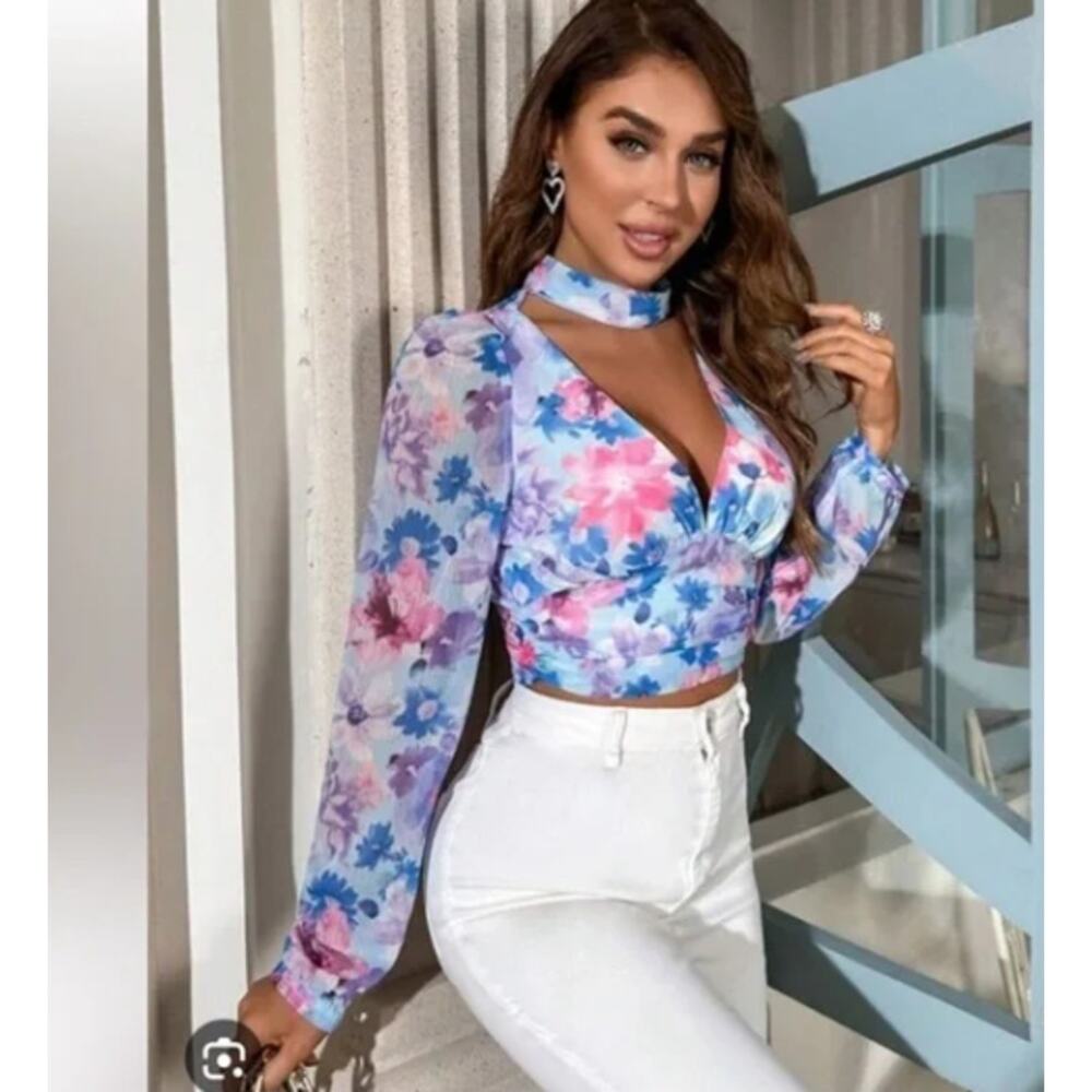 Zara Purple & Blue Floral Long Sleeve V-neck Top Choker Collar Size Large